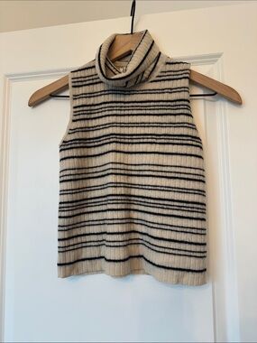 Jones New York Petite Cream and Black Striped Merino Crewneck.100% wool
